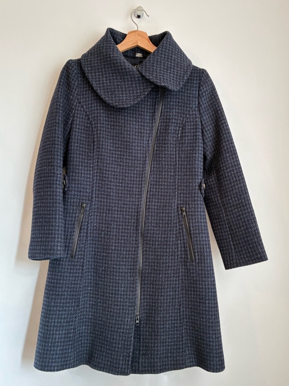 Icone Simons Houndstooth Wool Asymmetric Zip Coat Made in Canada S